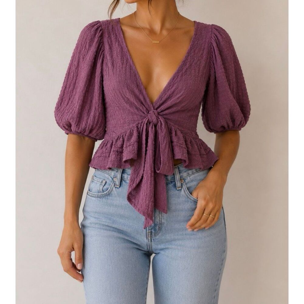 Free People Purple Textured Wrap Peplum Top L Puff Sleeve Boho Tie Front